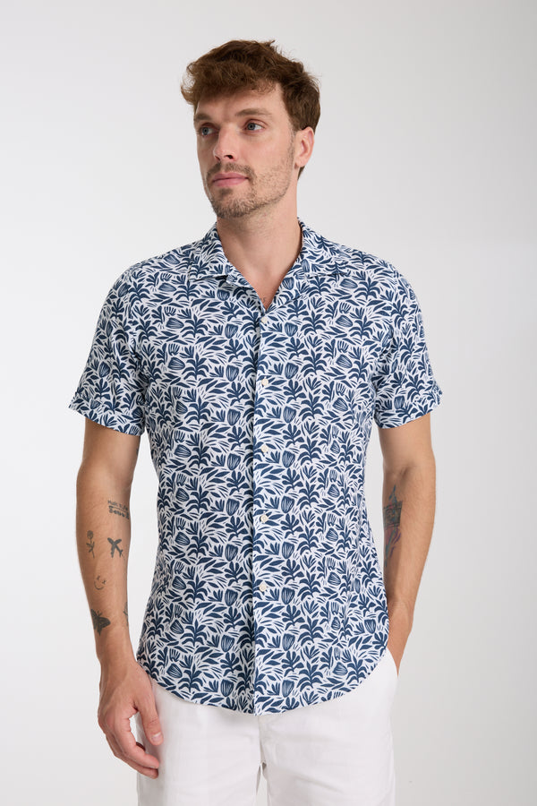 Chemise Homme Manche Courte Hawaii Sport Lin Blanc Bleu