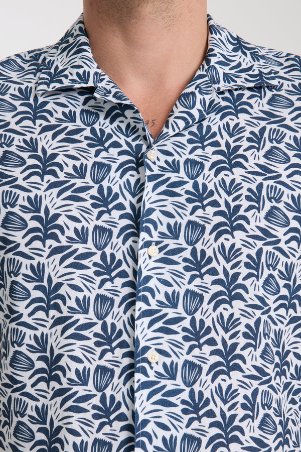 Chemise Homme Manche Courte Hawaii Sport Lin Blanc Bleu