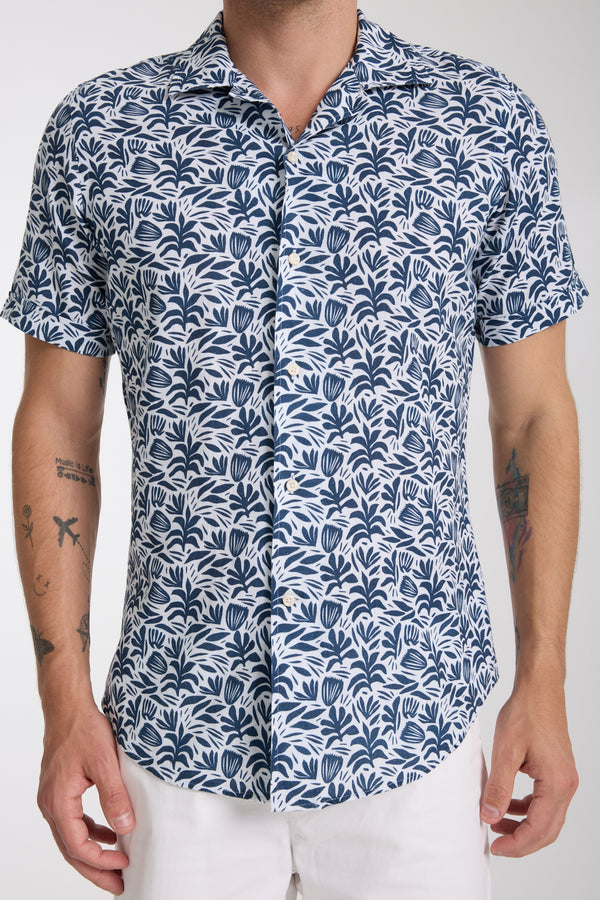 Chemise Homme Manche Courte Hawaii Sport Lin Blanc Bleu