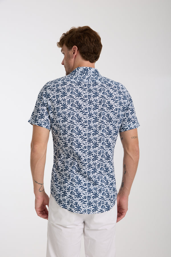 Chemise Homme Manche Courte Hawaii Sport Lin Blanc Bleu