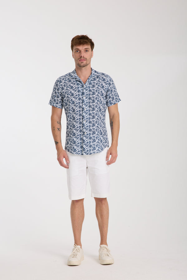 Chemise Homme Manche Courte Hawaii Sport Lin Blanc Bleu