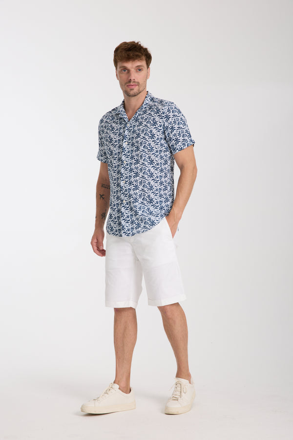 Chemise Homme Manche Courte Hawaii Sport Lin Blanc Bleu