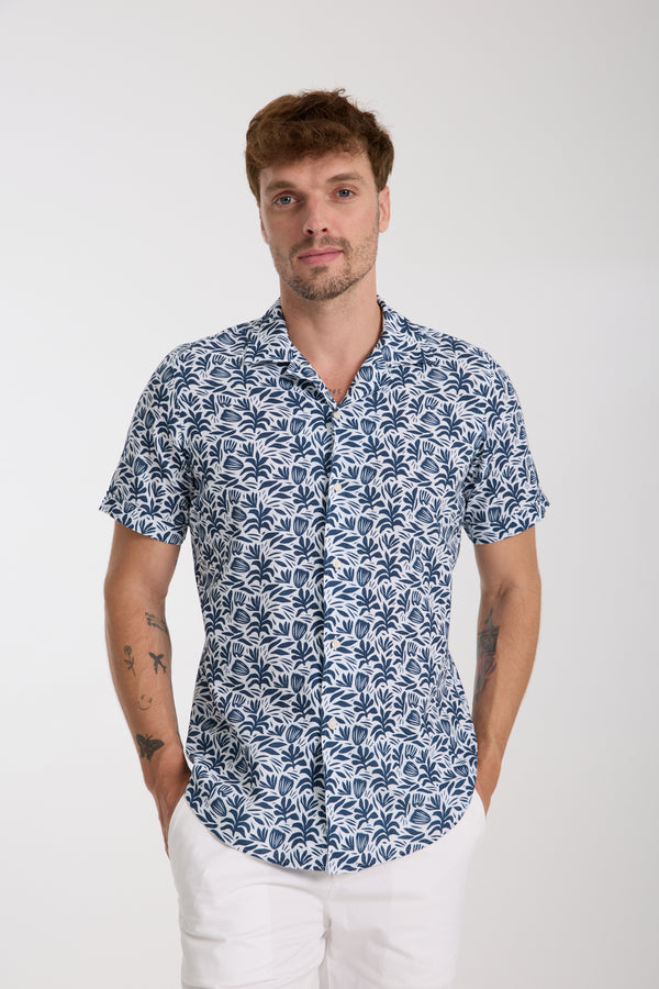 Chemise Homme Manche Courte Hawaii Sport Lin Blanc Bleu