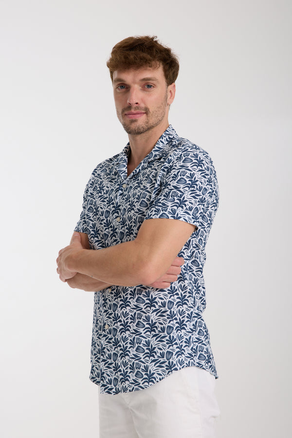 Chemise Homme Manche Courte Hawaii Sport Lin Blanc Bleu