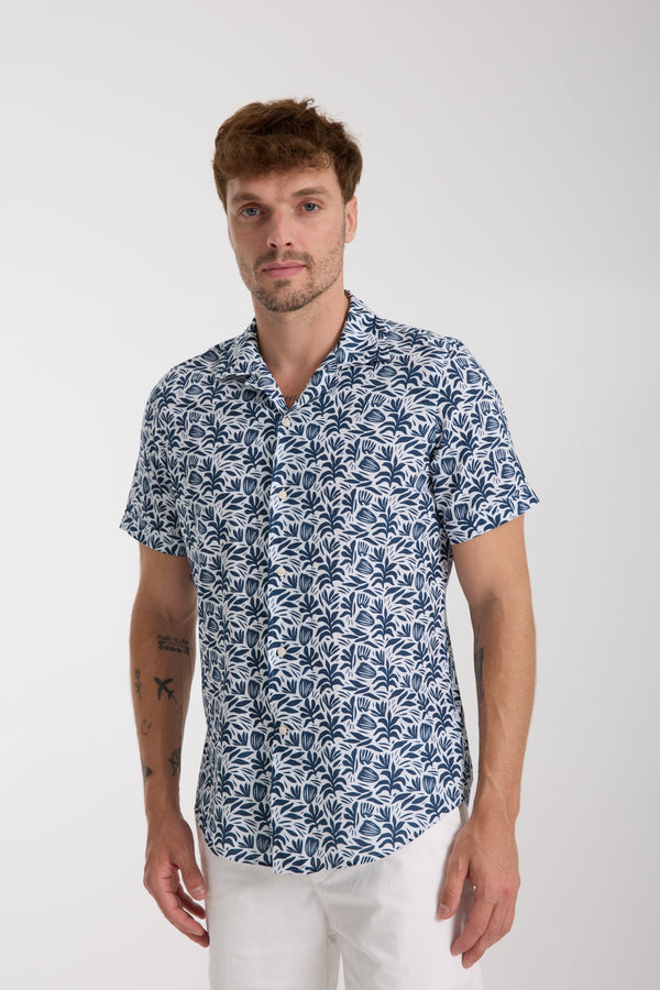 Chemise Homme Manche Courte Hawaii Sport Lin Blanc Bleu