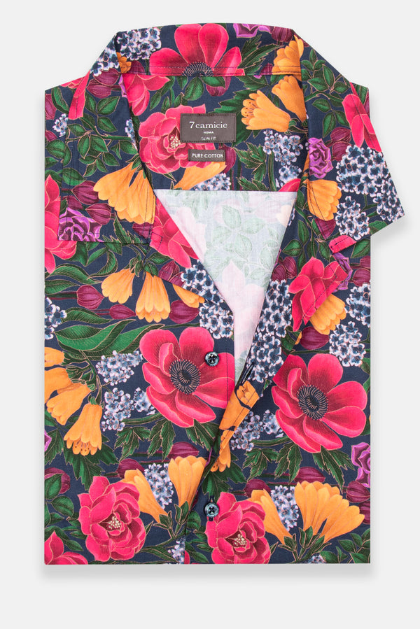 Hawaii Sport Poplin Man Shirt Short Sleeve Blue Orange