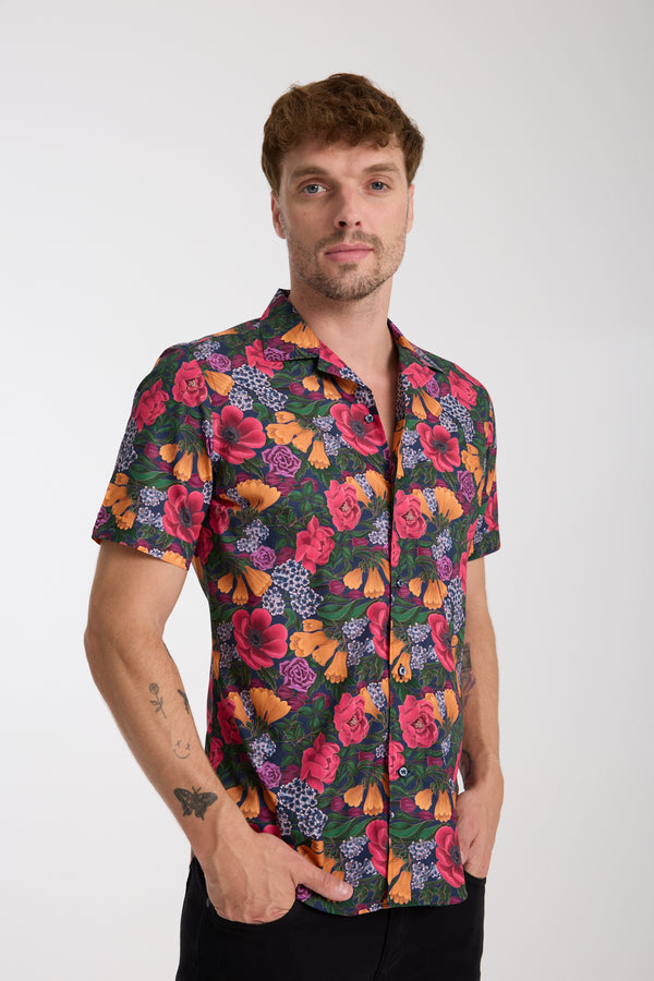 Hawaii Sport Poplin Man Shirt Short Sleeve Blue Orange