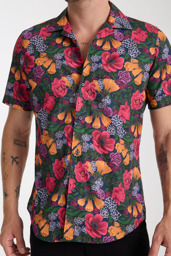 Hawaii Sport Poplin Man Shirt Short Sleeve Blue Orange