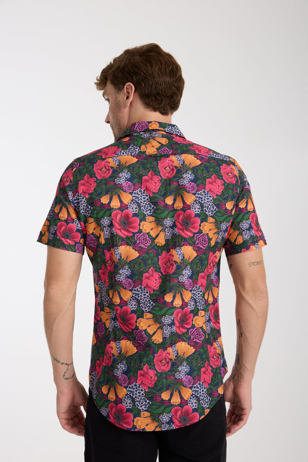 Hawaii Sport Poplin Man Shirt Short Sleeve Blue Orange