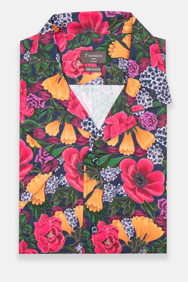 Hawaii Sport Poplin Man Shirt Short Sleeve Blue Orange