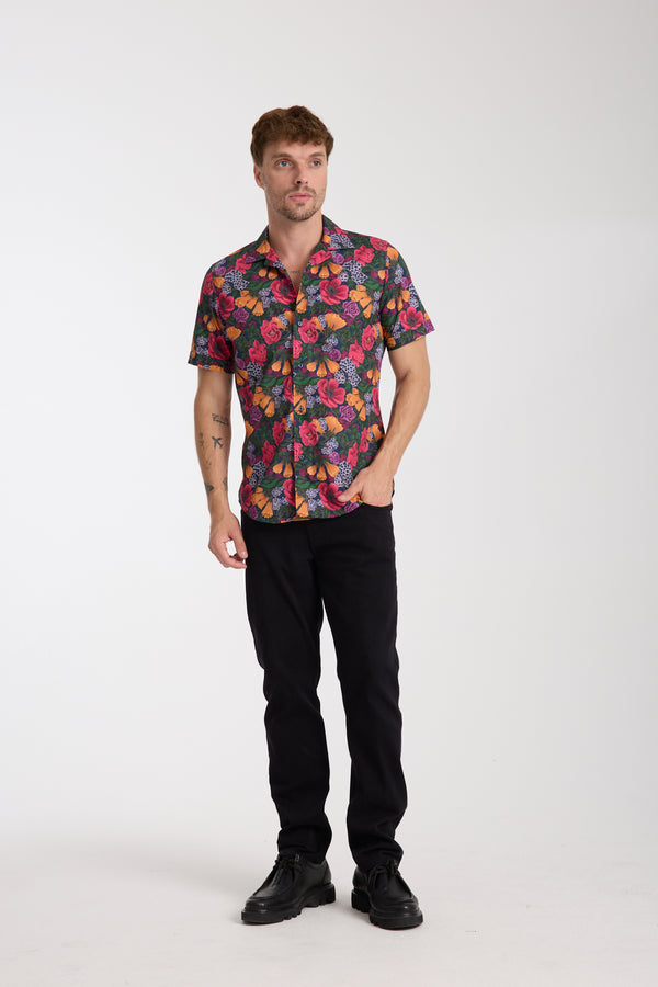 Hawaii Sport Poplin Man Shirt Short Sleeve Blue Orange