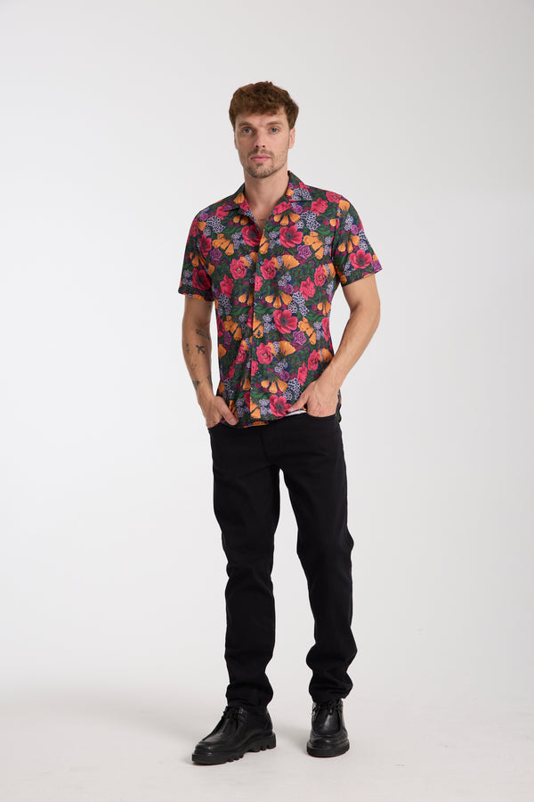 Hawaii Sport Poplin Man Shirt Short Sleeve Blue Orange