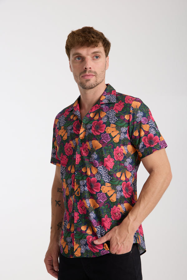 Hawaii Sport Poplin Man Shirt Short Sleeve Blue Orange