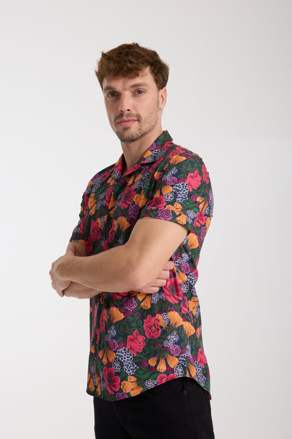 Hawaii Sport Poplin Man Shirt Short Sleeve Blue Orange