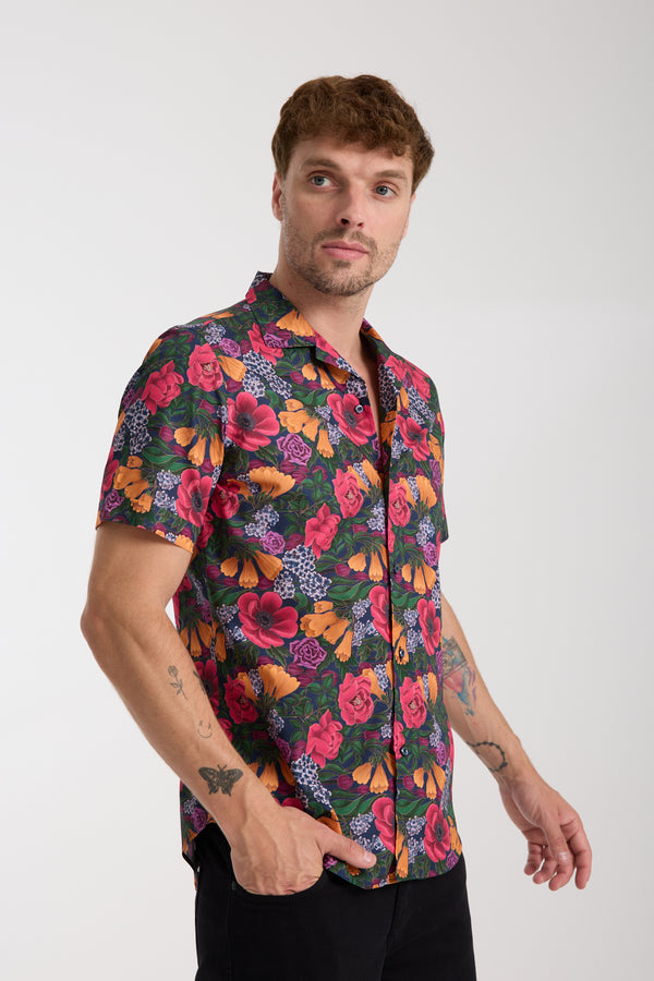 Hawaii Sport Poplin Man Shirt Short Sleeve Blue Orange