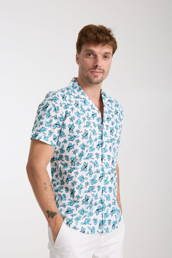 Chemise Homme Manche Courte Hawaii Sport Popelin Blanc Vert