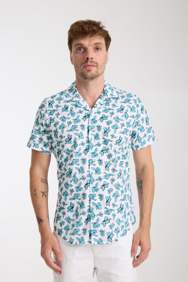 Chemise Homme Manche Courte Hawaii Sport Popelin Blanc Vert
