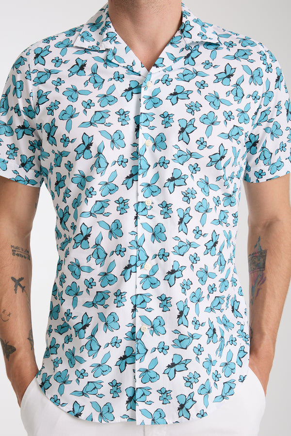 Chemise Homme Manche Courte Hawaii Sport Popelin Blanc Vert