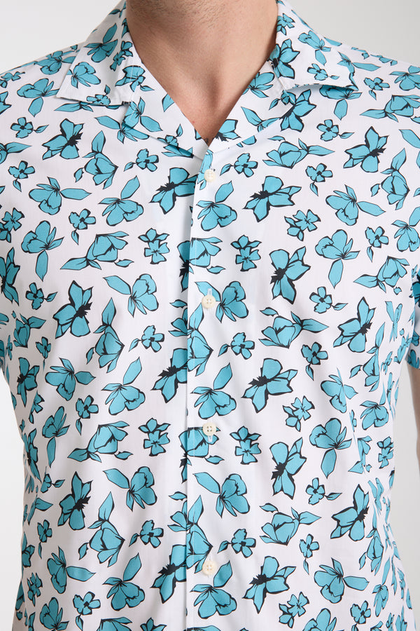 Chemise Homme Manche Courte Hawaii Sport Popelin Blanc Vert