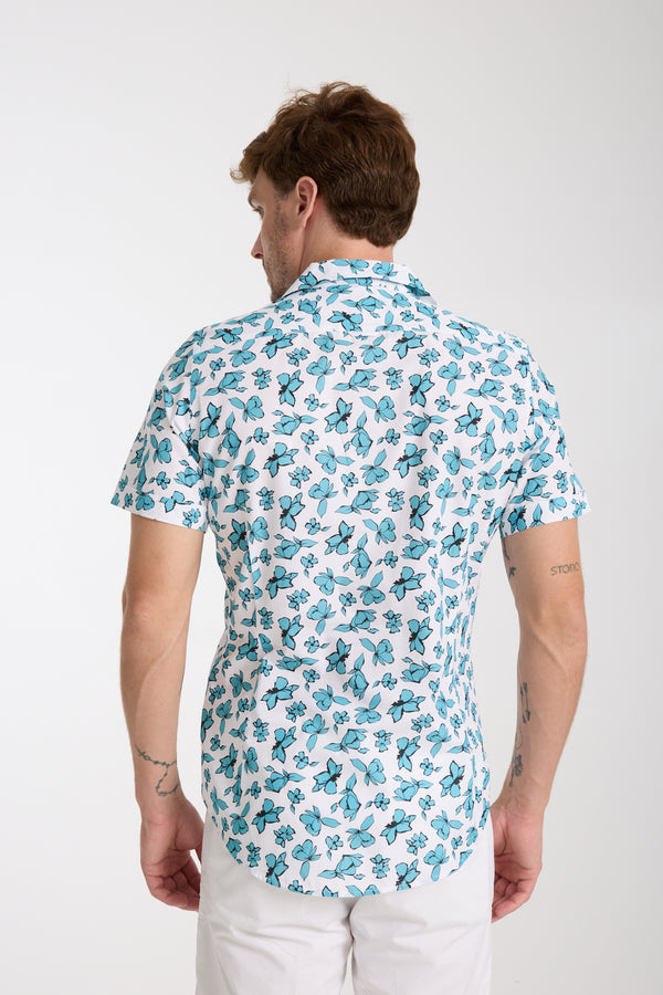 Chemise Homme Manche Courte Hawaii Sport Popelin Blanc Vert