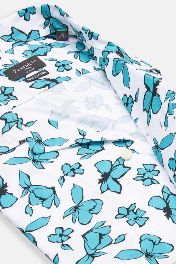 Chemise Homme Manche Courte Hawaii Sport Popelin Blanc Vert