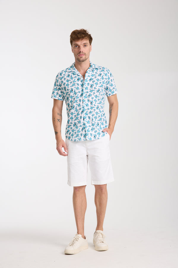 Chemise Homme Manche Courte Hawaii Sport Popelin Blanc Vert