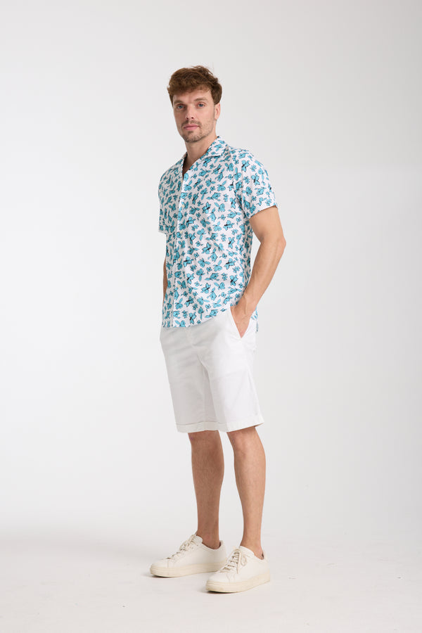 Chemise Homme Manche Courte Hawaii Sport Popelin Blanc Vert