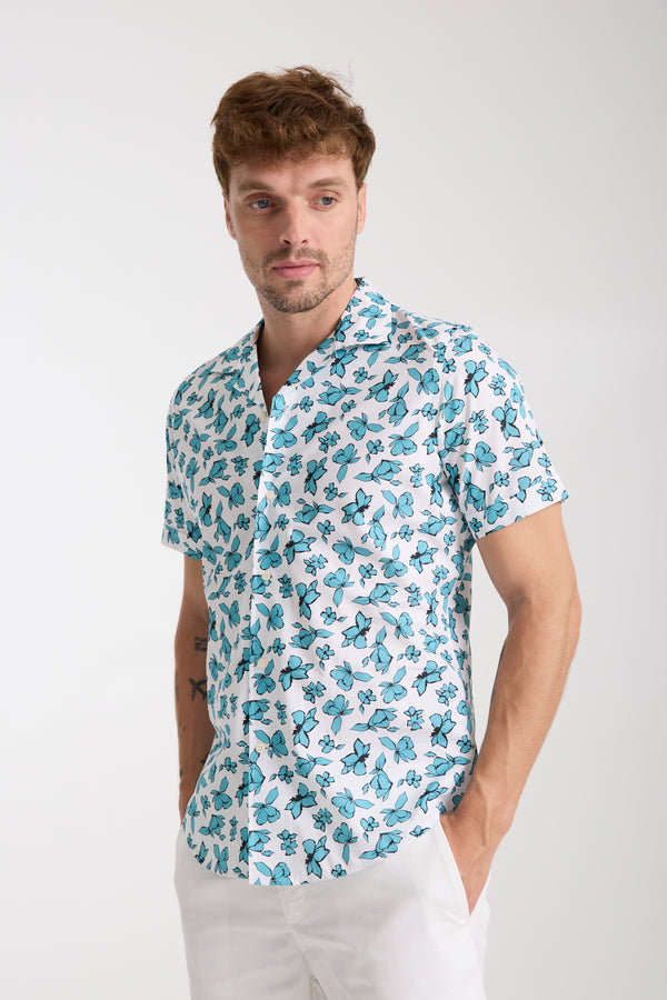 Chemise Homme Manche Courte Hawaii Sport Popelin Blanc Vert