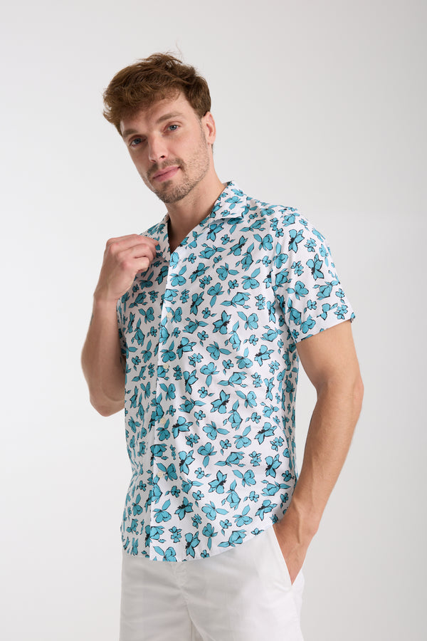 Chemise Homme Manche Courte Hawaii Sport Popelin Blanc Vert