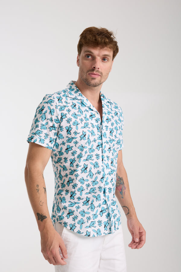 Chemise Homme Manche Courte Hawaii Sport Popelin Blanc Vert