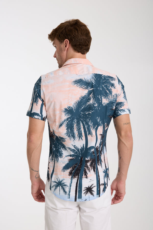 Camisa Hombre Manga corta Hawaii Sport Popelin Stretch Verde Rosa
