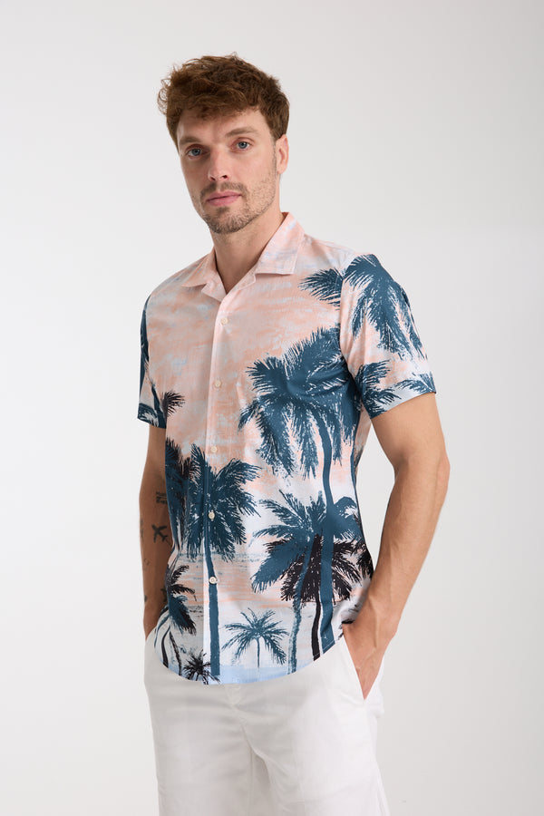 Camisa Hombre Manga corta Hawaii Sport Popelin Stretch Verde Rosa