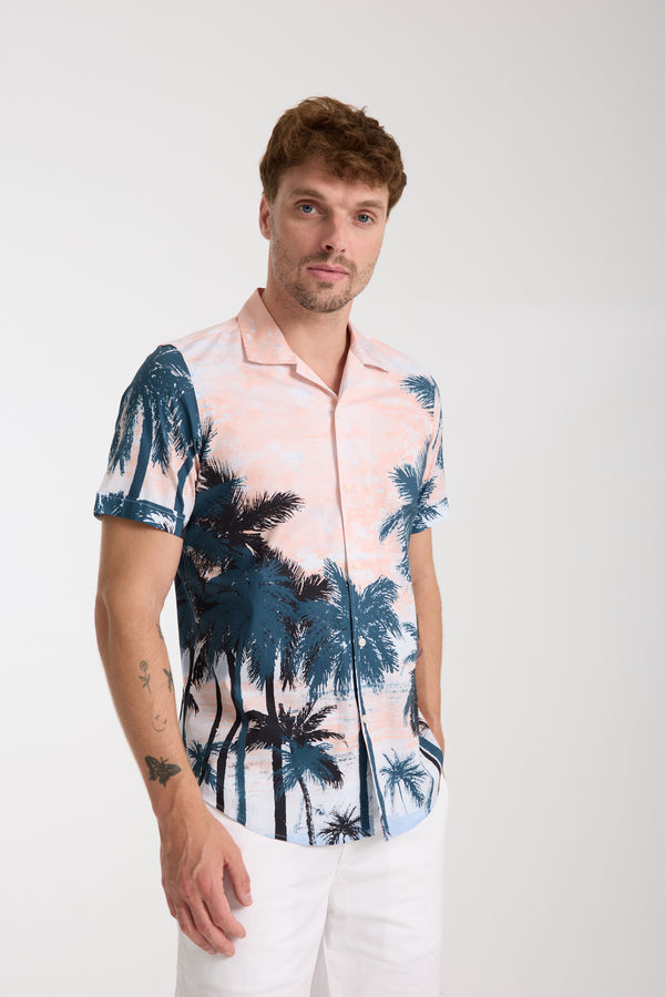 Camisa Hombre Manga corta Hawaii Sport Popelin Stretch Verde Rosa