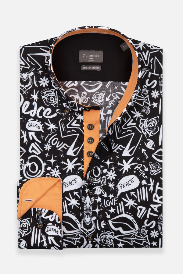Donatello Sport Herren Hemd Poplin Stretch Schwarz Weiss