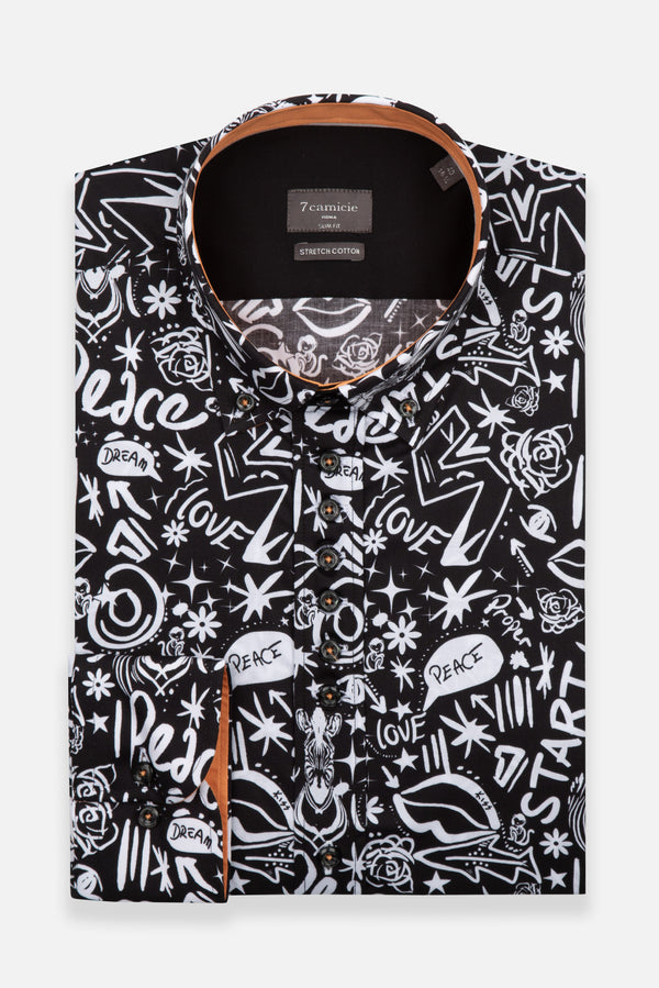 Donatello Sport Herren Hemd Poplin Stretch Schwarz Weiss