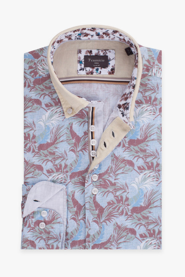 Linen Man Shirt Light Blue Brown