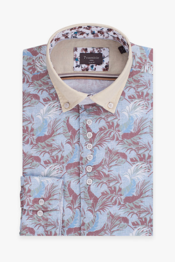 Linen Man Shirt Light Blue Brown