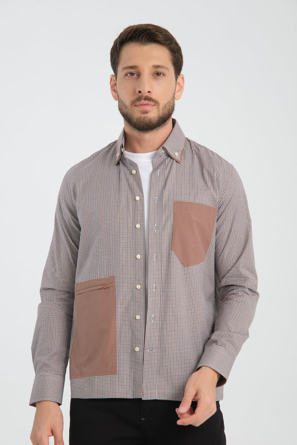 Chemise Homme Sport Popelin Stretch Brun Blanc