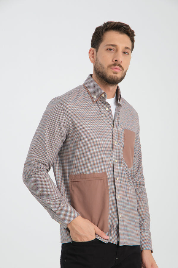 Chemise Homme Sport Popelin Stretch Brun Blanc