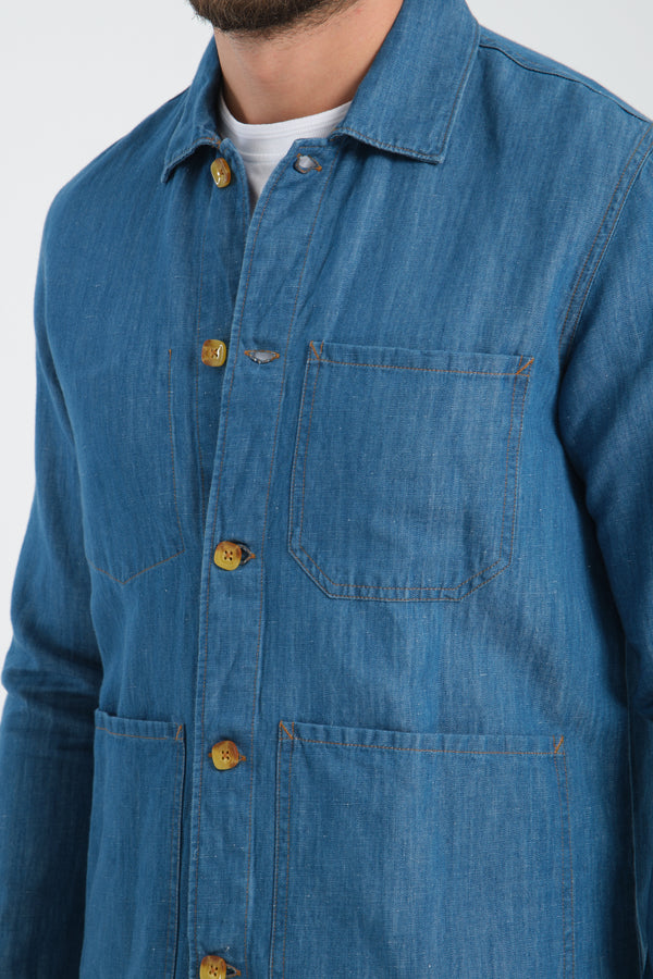 Sobrecamisa Hombre Sport de Lino Azul con Bolsillos