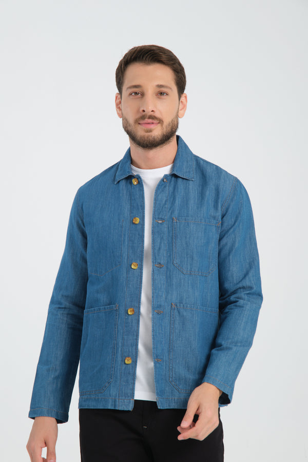 Sobrecamisa Hombre Sport de Lino Azul con Bolsillos