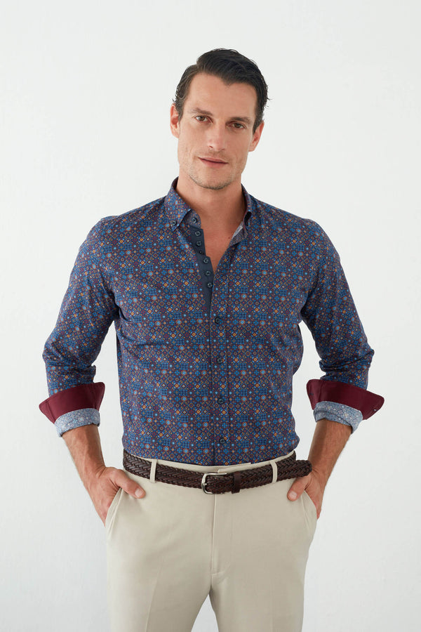 Donatello Iconic Poplin Man Shirt Blue Red
