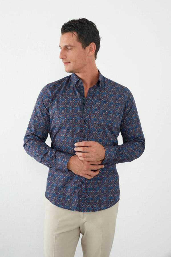 Donatello Iconic Poplin Man Shirt Blue Red