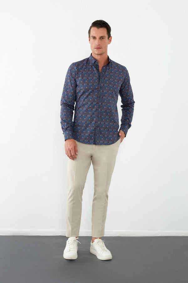 Donatello Iconic Poplin Man Shirt Blue Red