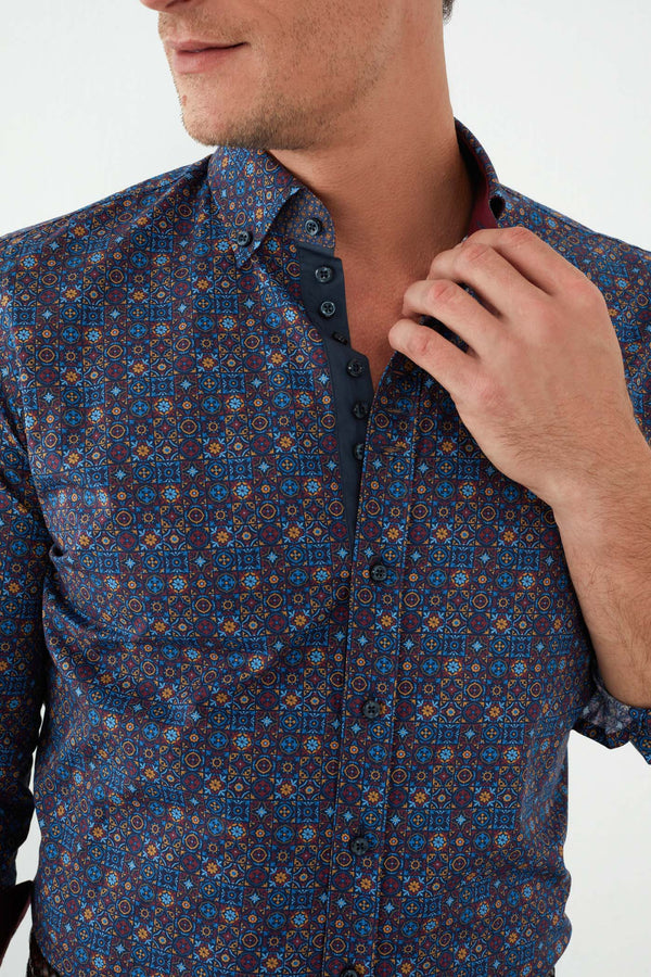 Donatello Iconic Poplin Man Shirt Blue Red