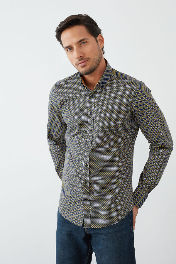 Leonardo Sport Herren Hemd Popelin Schwarz Gelbe