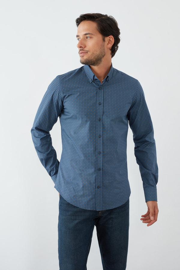 Camisa Hombre Leonardo Sport Popelin Azul Amarillo