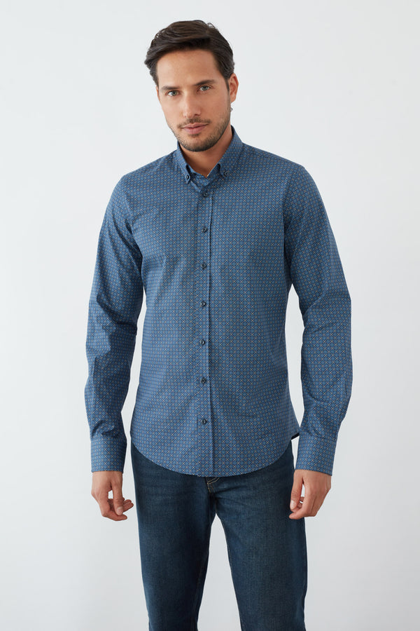 Camisa Hombre Leonardo Sport Popelin Azul Amarillo