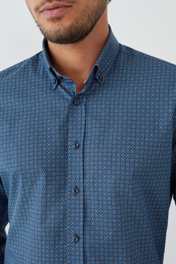 Camisa Hombre Leonardo Sport Popelin Azul Amarillo