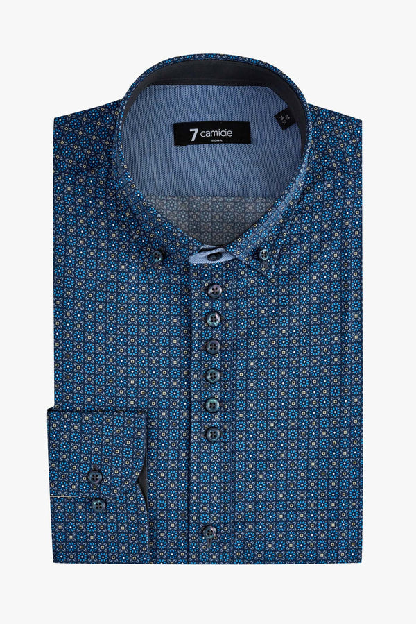 Donatello Iconic Herren Hemd Popelin Blau Gelbe